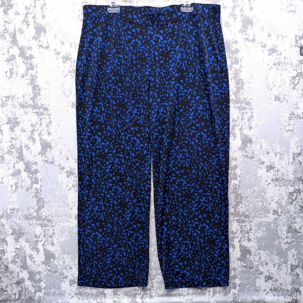 Susan Graver Womens XL Blue Black Geometric Mosaic Print Wide‎ Leg Pants